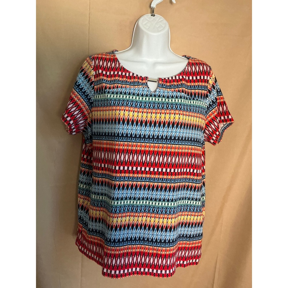 Rafaella Geometric Tribal Knit Top Womens 1X Multi Excellent Short Sleeve Bar